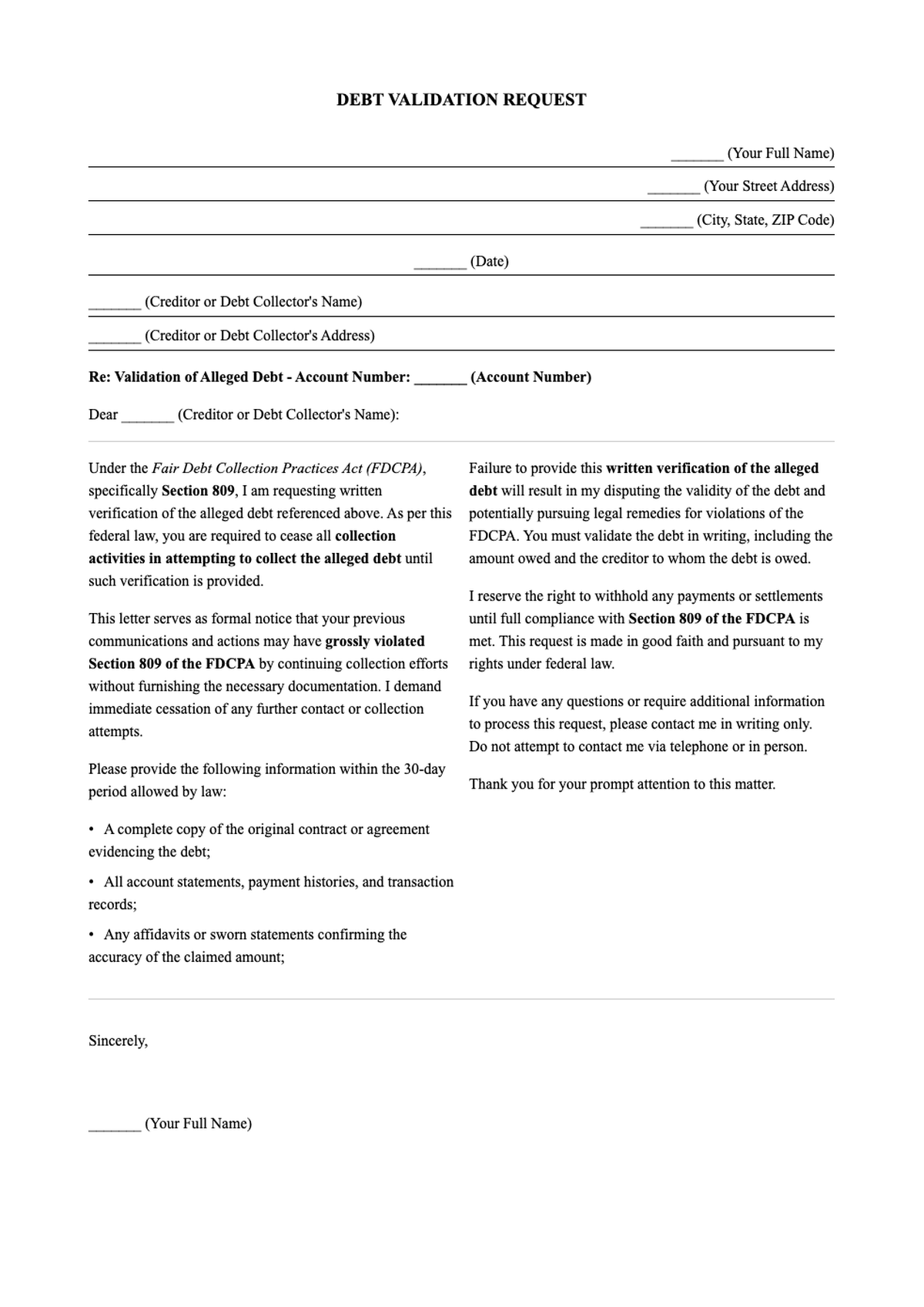 Second letter requesting debt validation under FDCPA Section 809_variant_3